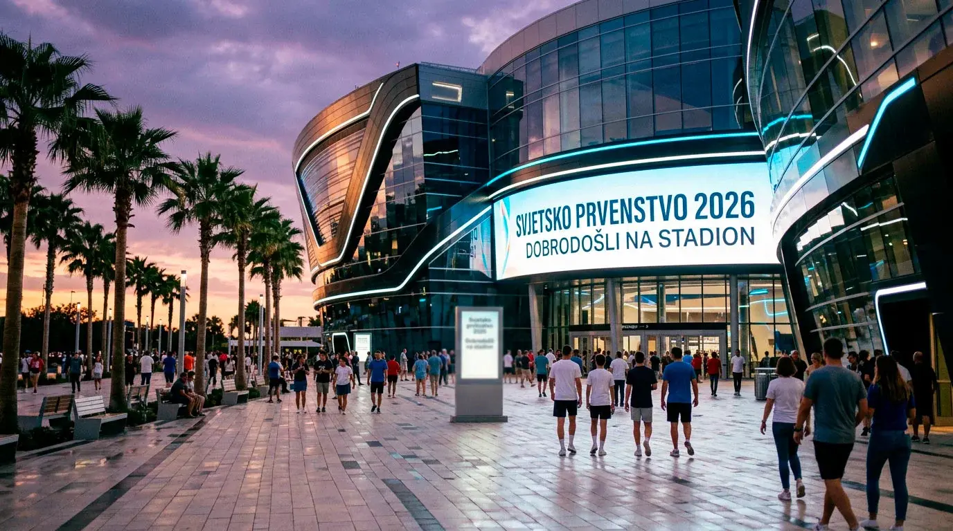 Moderni američki nogometni stadion izvana s osvjetljenom fasadom u sumrak