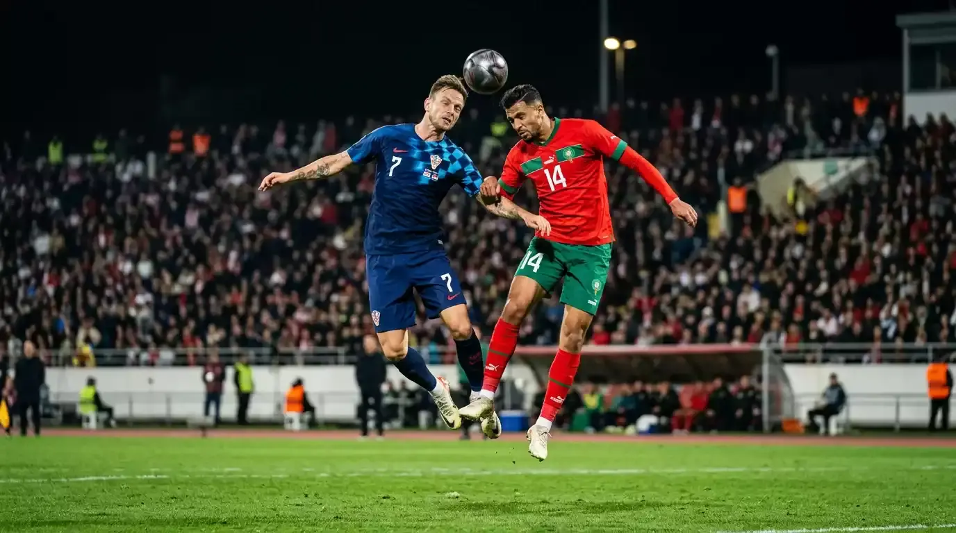 Dvojica nogometaša u dresovima suparničkih reprezentacija bore se za visoku loptu tijekom utakmice.