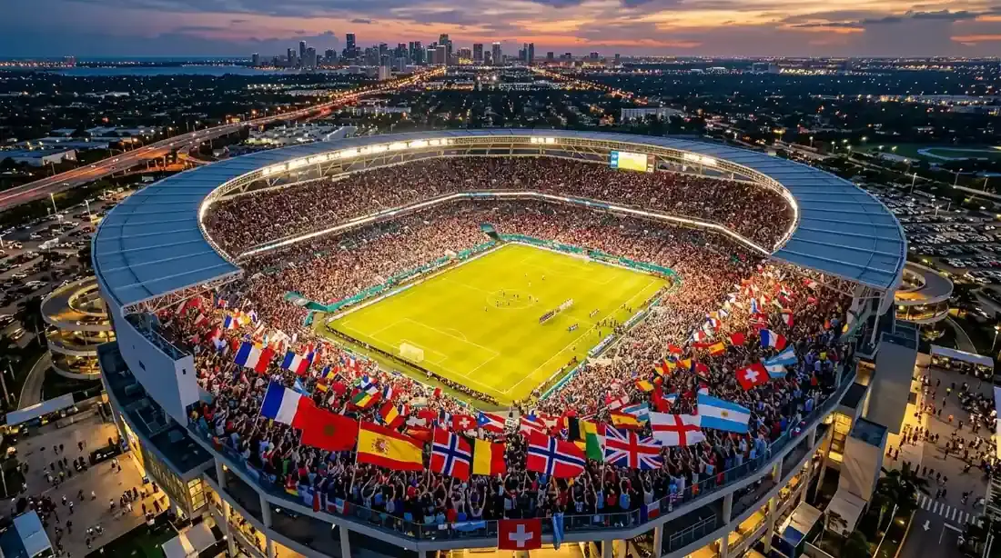 Pogled na moderni američki stadion u sumrak pred četvrtfinale SP-a 2026. — raspored na semaforu najavljuje veliki dvoboj.