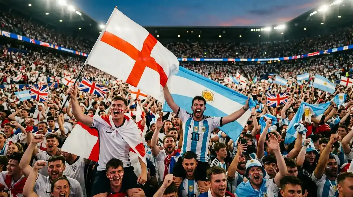 Navijači Engleske i Argentine s zastavama na tribinama polufinala SP-a 2026.