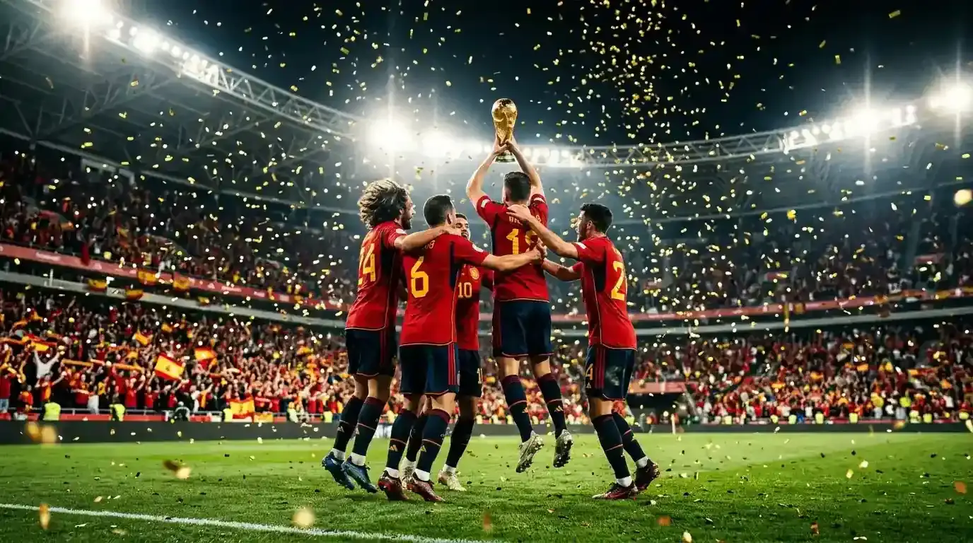 Španjolski igrači slave naslov s trofejem na MetLife Stadiumu usred zlatnih konfeta, puni stadion, noć.