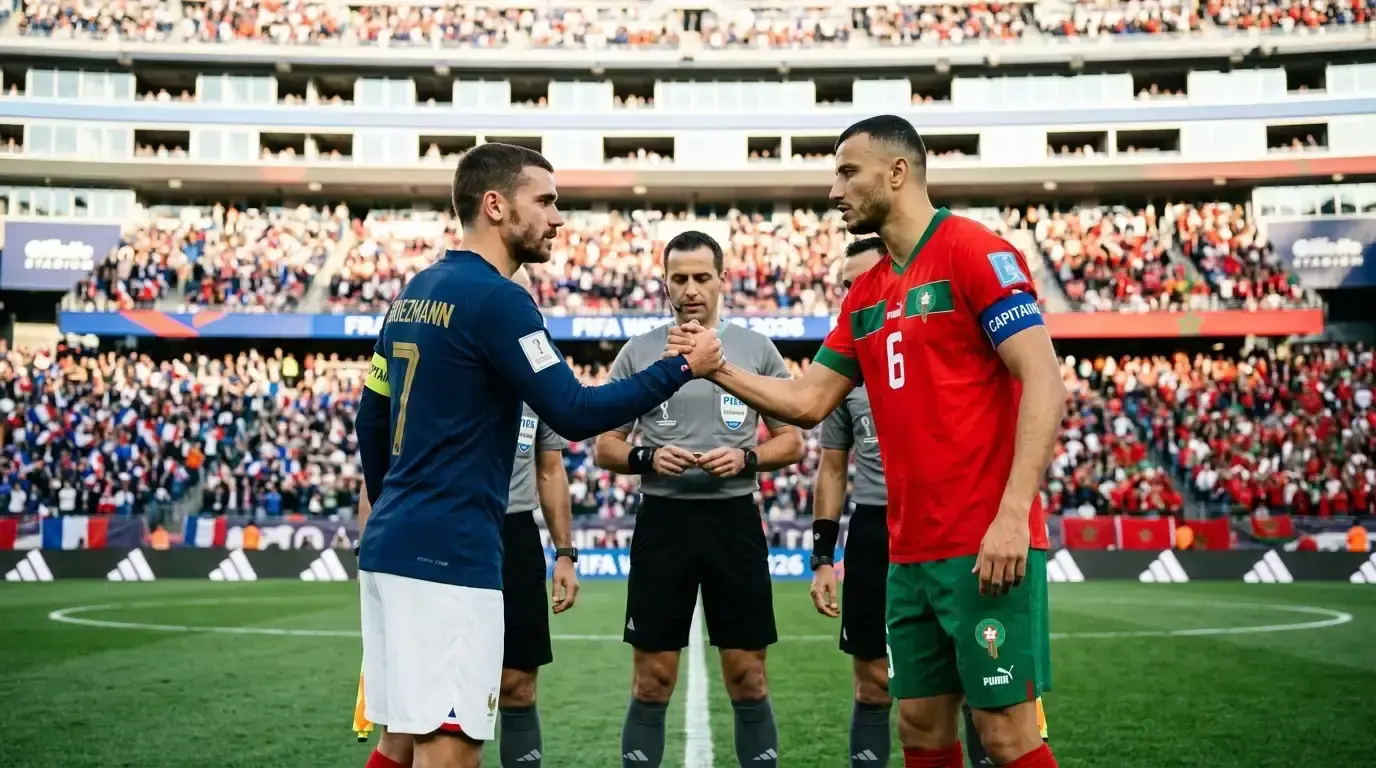 Mbappé u dresu Francuske pred utakmicom četvrtfinala SP-a 2026. — pogled na teren u Foxboroughu.