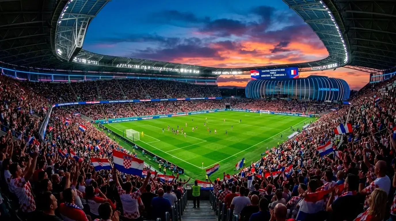 Nogometni stadion osvijetljen reflektorima tijekom večernje utakmice Svjetskog prvenstva 2026