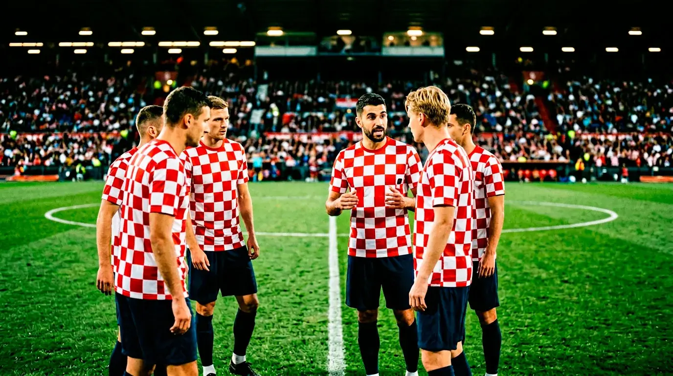 Nogometaši u crveno-bijelim kockastim dresovima na travnjaku tijekom utakmice pod reflektorima