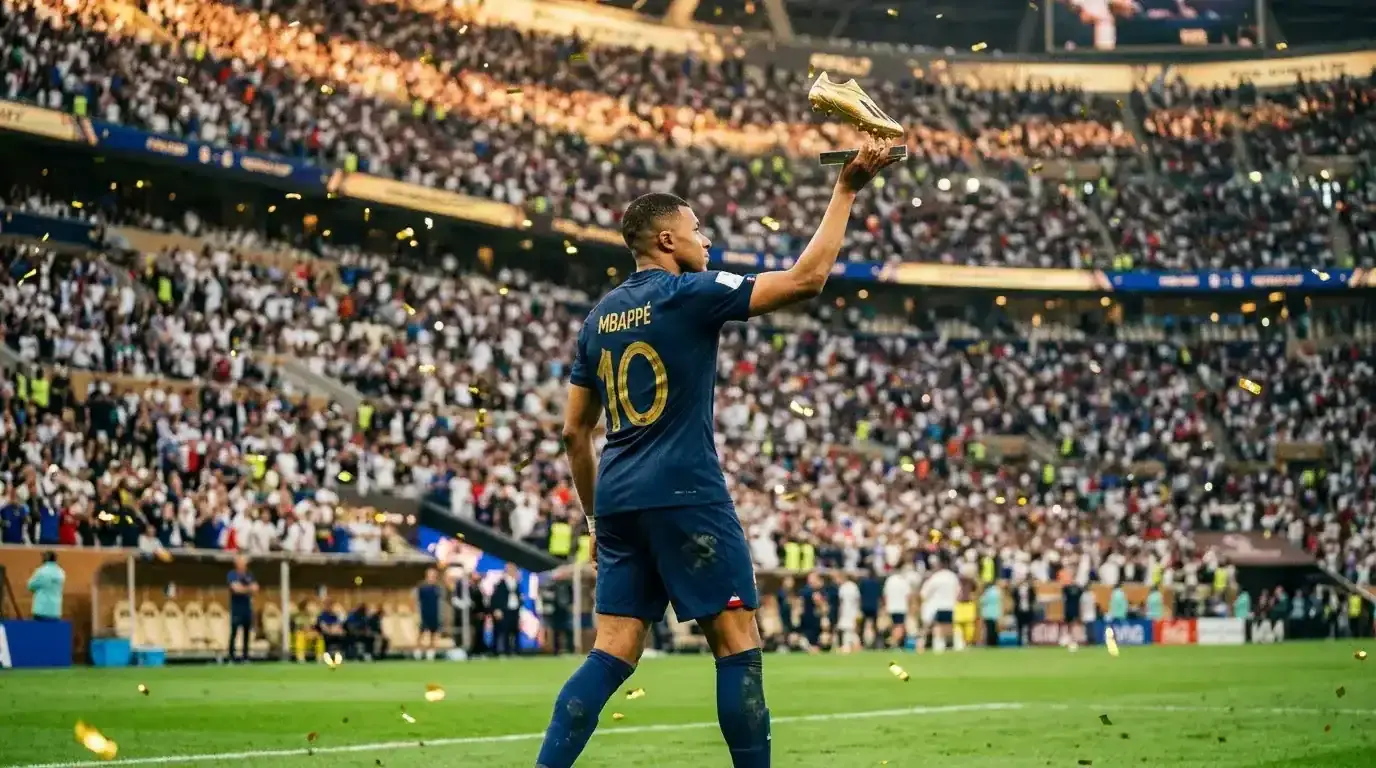 Mbappé sa Zlatnom kopačkom, stadionska pozadina, zlatno svjetlo, broj 22 simbolično prikazan.