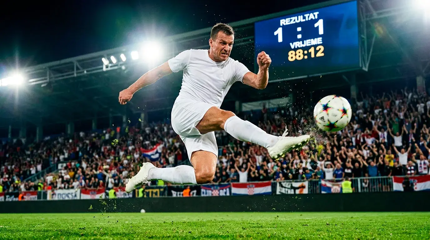 Igrač u bijelom dresu udara loptu na zelenoj livadi tijekom večernje nogometne utakmice