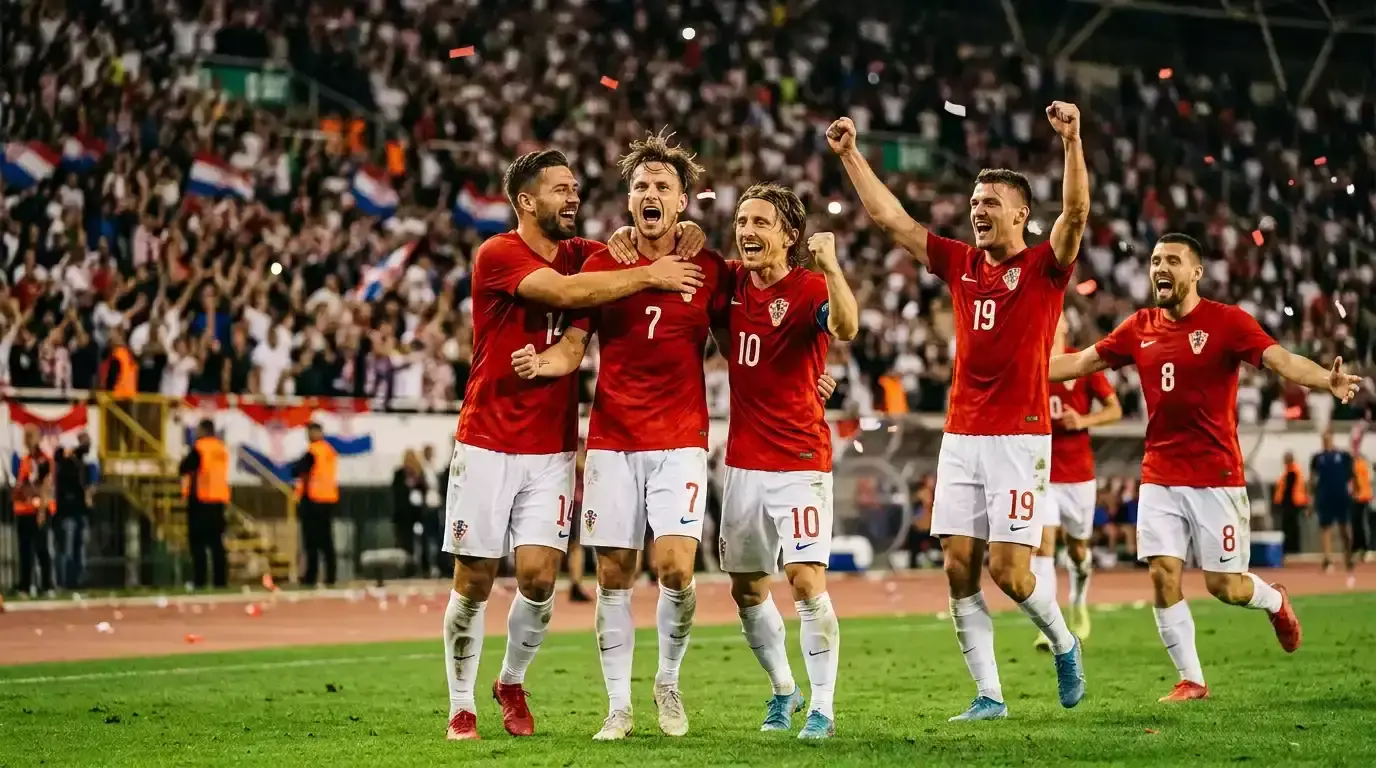 Nogometaši slave pogodak pred punim tribinama osvijetljenog stadiona tijekom večernje utakmice.