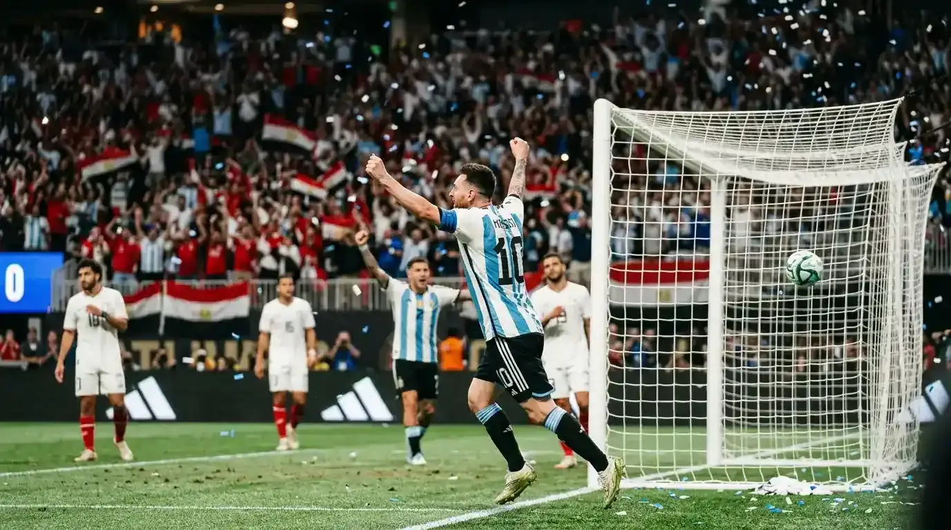 Messi u dresu Argentine podiže ruke nakon pogotka protiv Egipta na SP-u 2026.