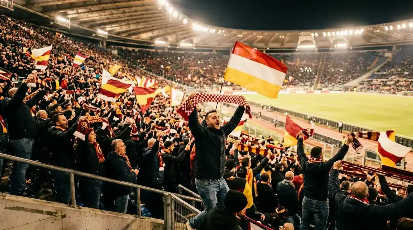 Navijači s transparentima na tribinama osvijetljenog nogometnog stadiona prije večernje utakmice.