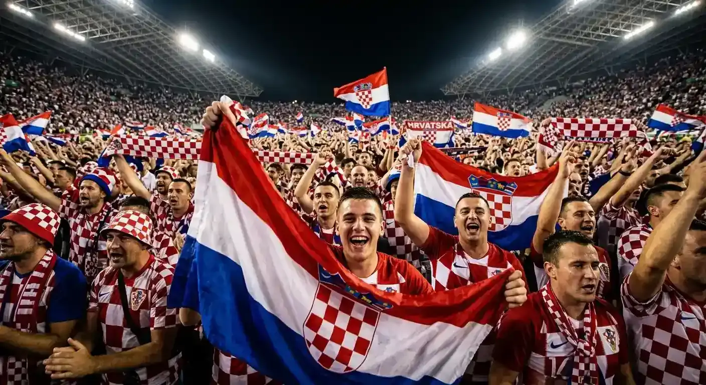 Navijači s hrvatskim zastavama prate utakmicu reprezentacije.