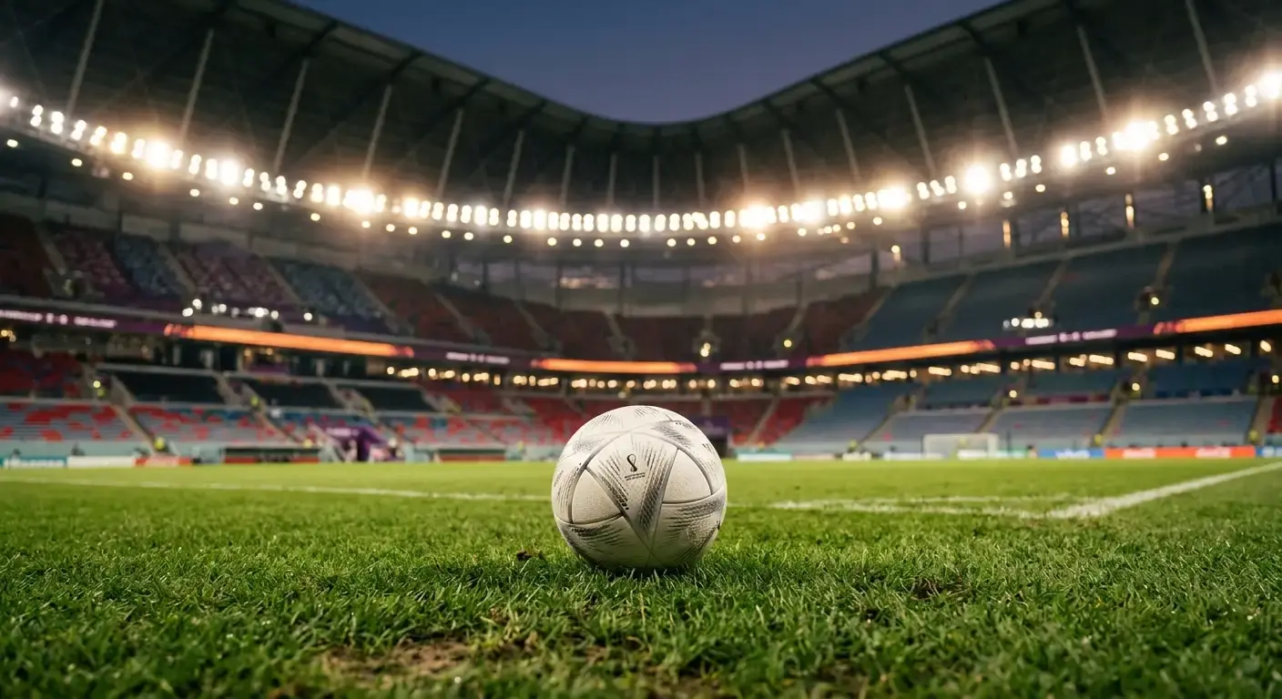 Lopta na travnjaku osvijetljenog stadiona uoči večernje utakmice Svjetskog prvenstva.