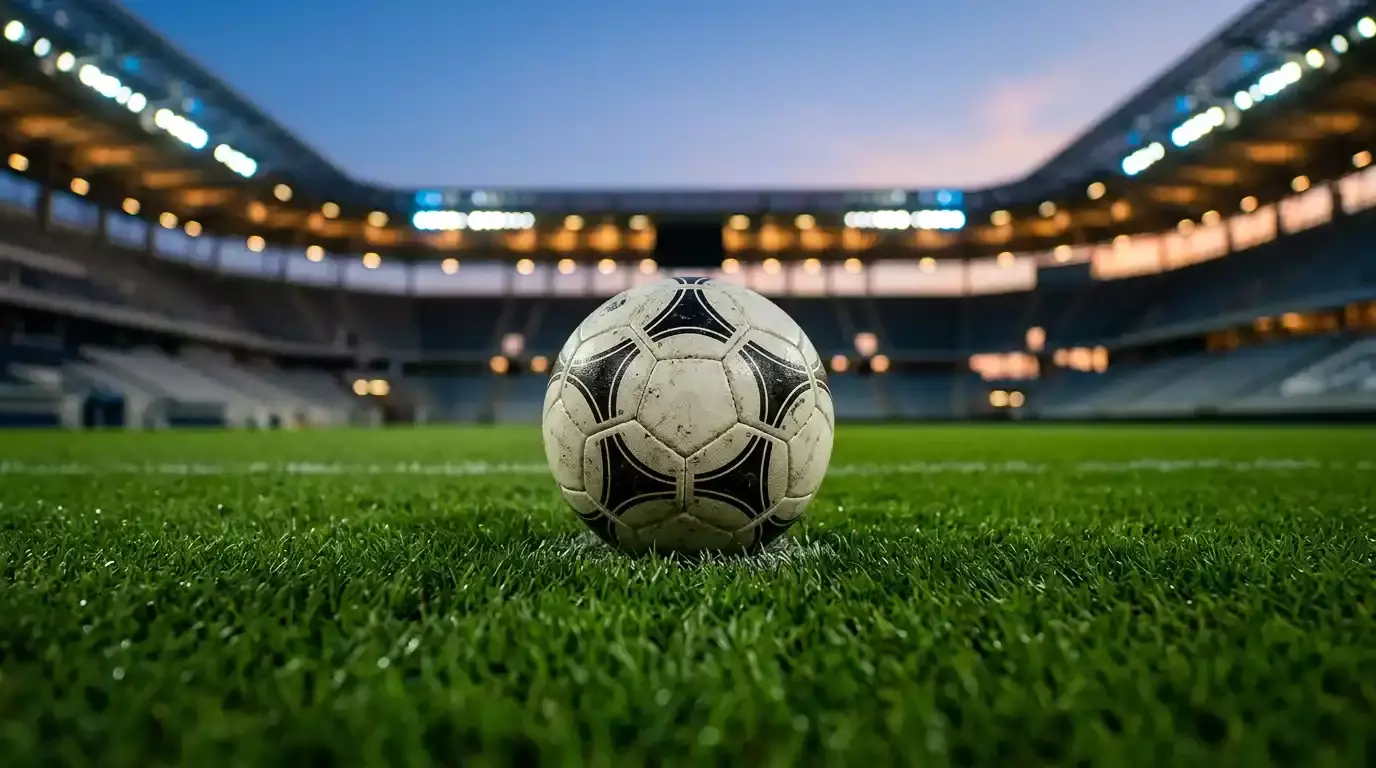Nogometna lopta na travnjaku osvijetljenog stadiona uoči večernje utakmice, tribine u pozadini.