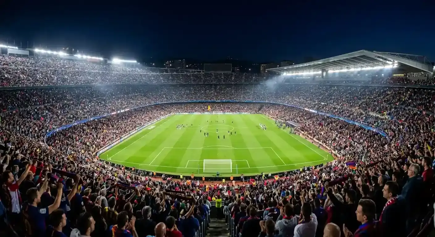 Stadion pod reflektorima s tribinama punim navijača uoči nokaut-utakmice Svjetskog prvenstva.