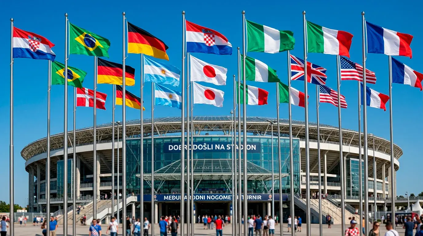 Zastave nacionalnih reprezentacija vijore se na vjetru ispred nogometnog stadiona