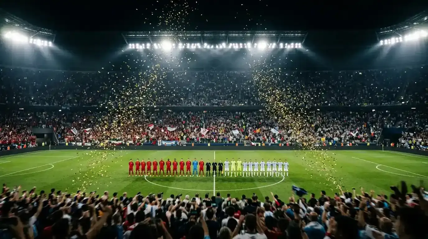 Dvije reprezentacije u dresovima uoči finala SP-a 2026. na punom stadionu, zlatni konfeti u zraku.
