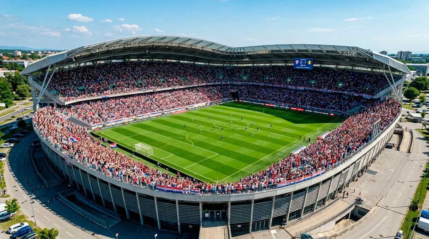 Pogled iz zraka na prepuni nogometni stadion s travnjakom i navijačima na tribinama